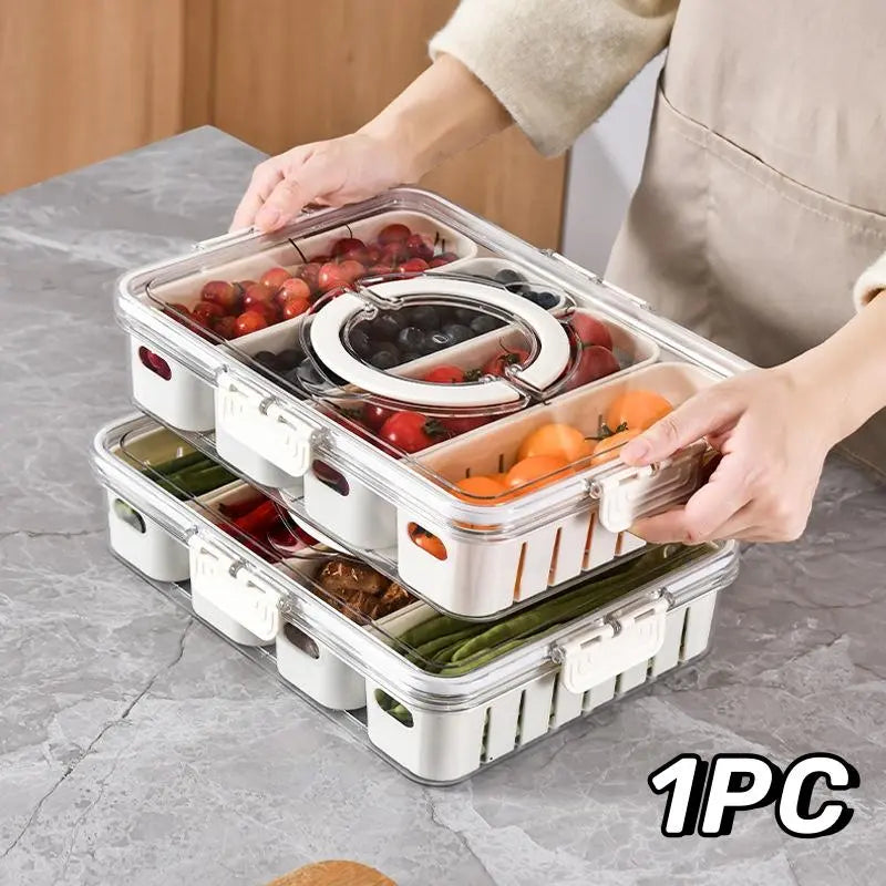 "Clear Divided Serving Tray with Lid and Handle - Multi-Grid Food Storage Box for Snacks and Lunches"