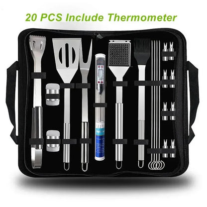 "Ultimate BBQ Tool Set with Thermometer - Complete Grilling Accessories for Outdoor Barbecues"