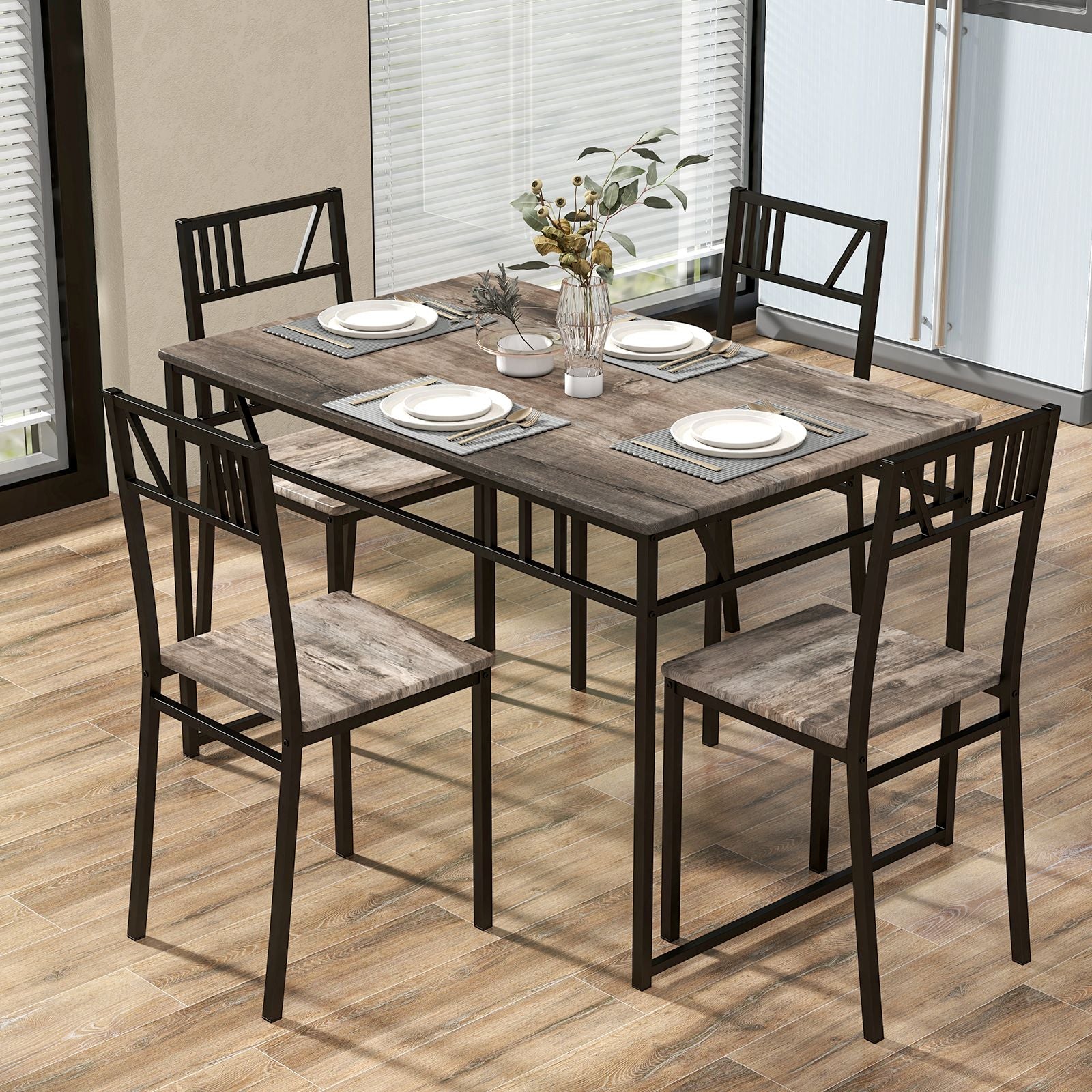 "Rustic Industrial Dining Set: Wood-Style Tabletop with Metal Frame and 4 Chairs"