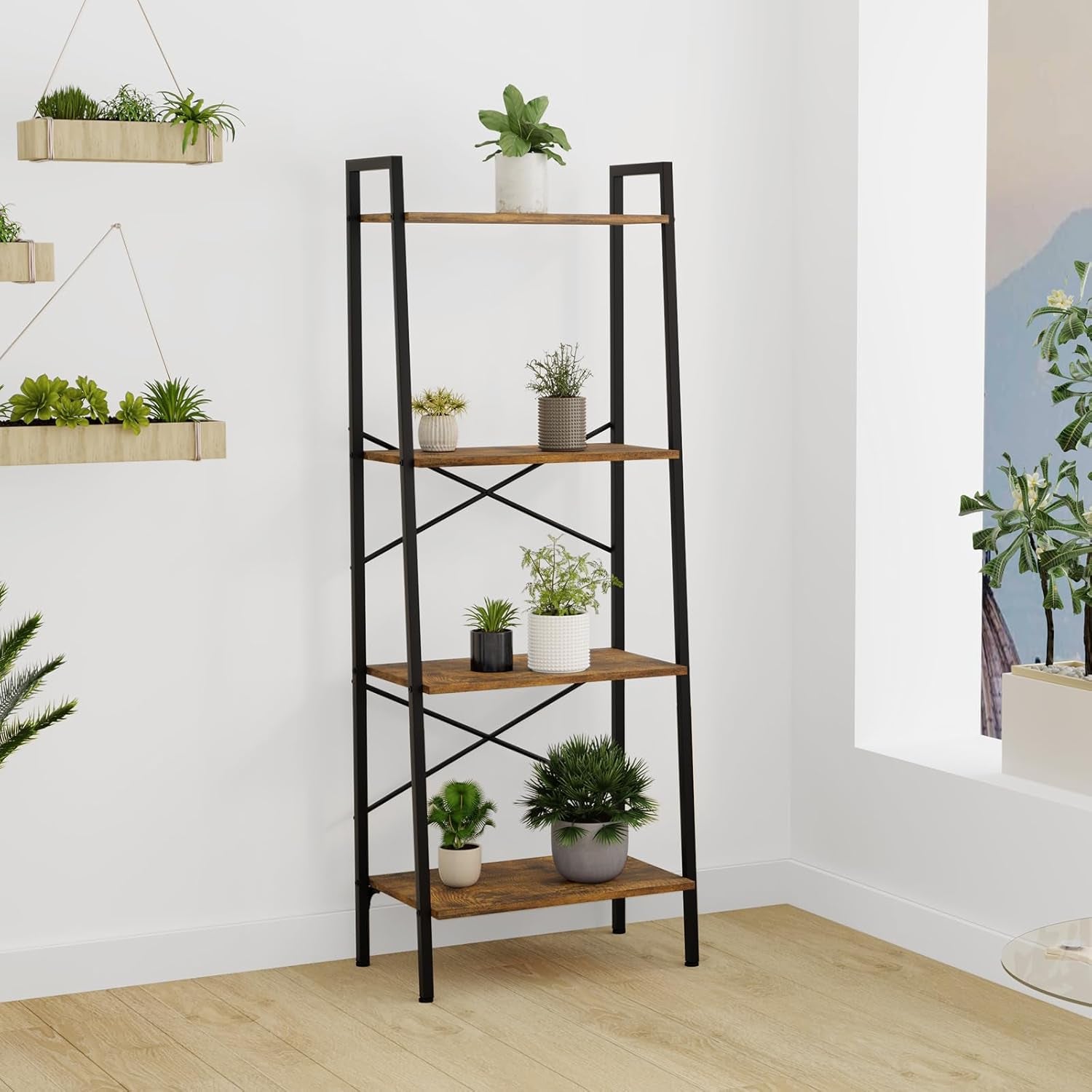 Bookcase Bookshelf, 4-Tier Ladder Shelf, 150X32X56Cm Storage Rack, Standing Shelf for Office, Living Room, Bedroom, Kitchen, Industrial, Metal