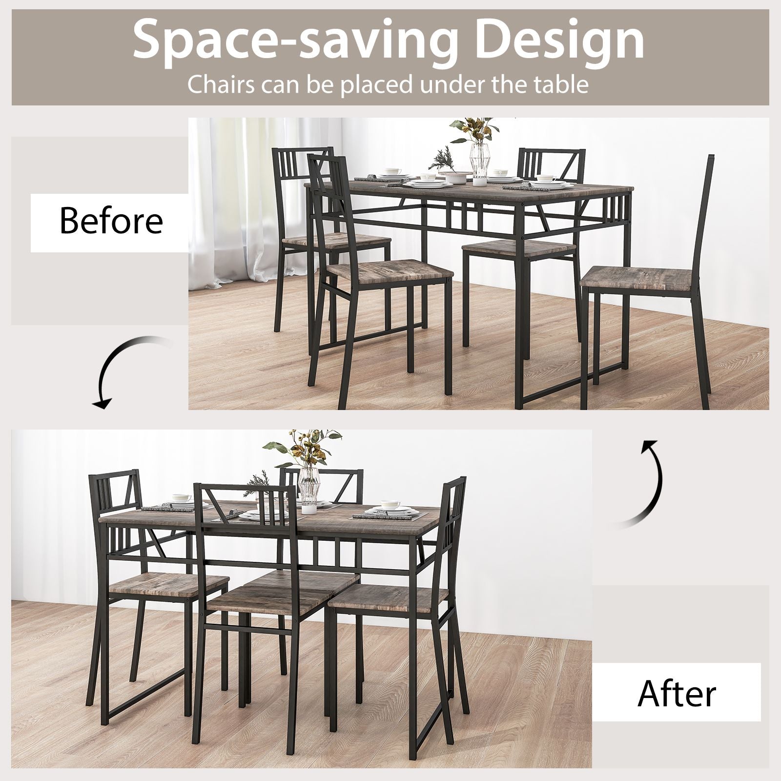 "Rustic Industrial Dining Set: Wood-Style Tabletop with Metal Frame and 4 Chairs"