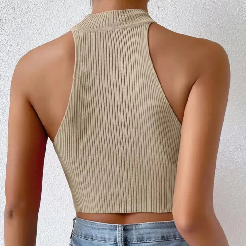 Y2K Ribbed Halter Crop Top - Women's Sleeveless Turtleneck Tank