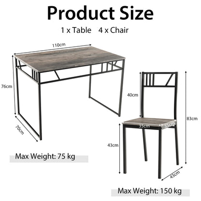 "Rustic Industrial Dining Set: Wood-Style Tabletop with Metal Frame and 4 Chairs"