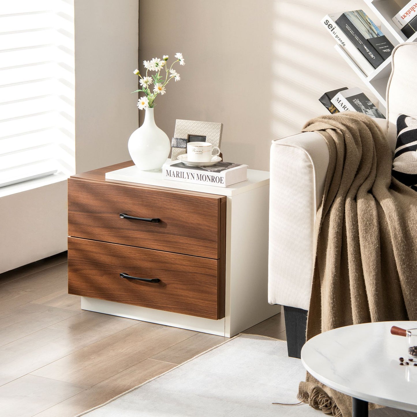 "Rustic Wooden Bedside Table with 2 Drawers - Perfect for Living Room or Bedroom"