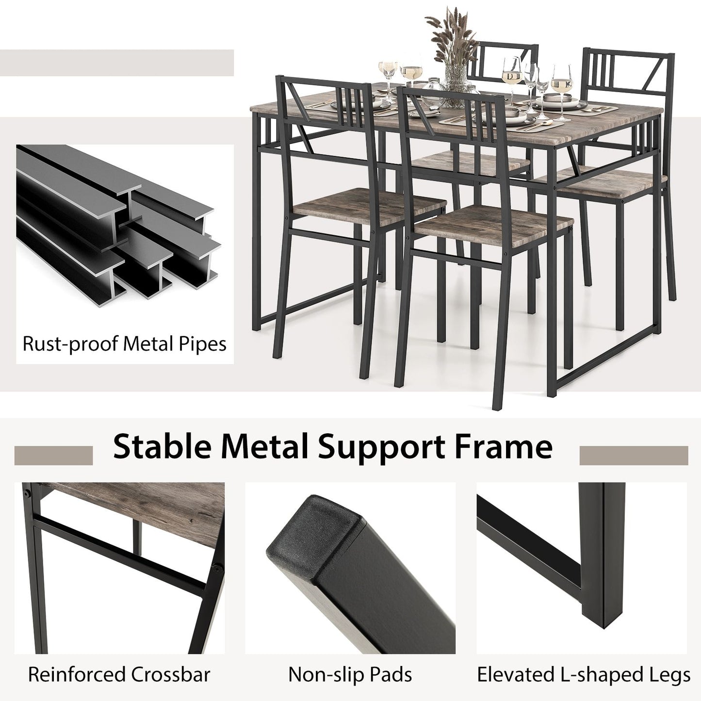 "Rustic Industrial Dining Set: Wood-Style Tabletop with Metal Frame and 4 Chairs"