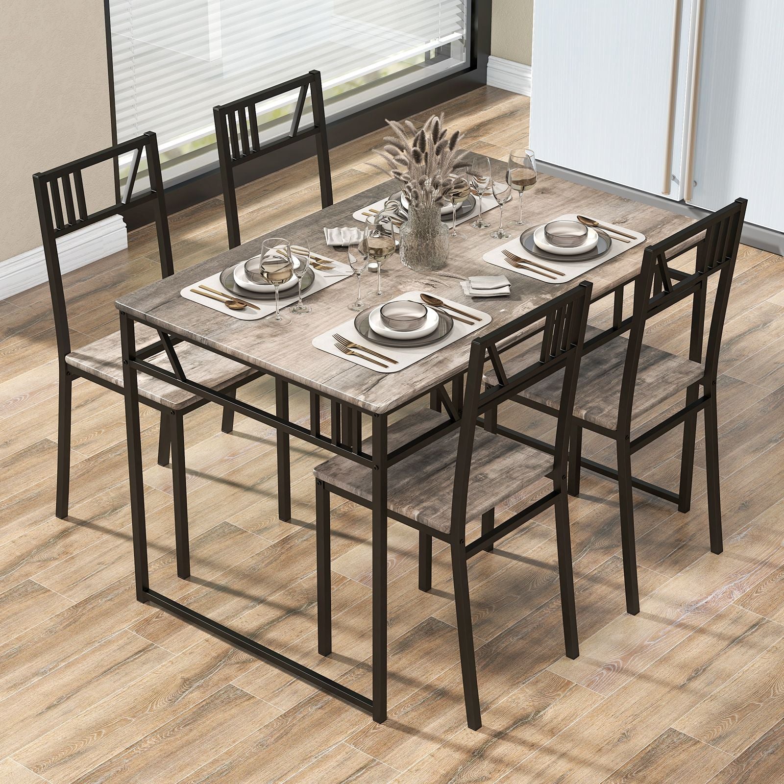 "Rustic Industrial Dining Set: Wood-Style Tabletop with Metal Frame and 4 Chairs"