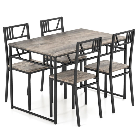 "Rustic Industrial Dining Set: Wood-Style Tabletop with Metal Frame and 4 Chairs"