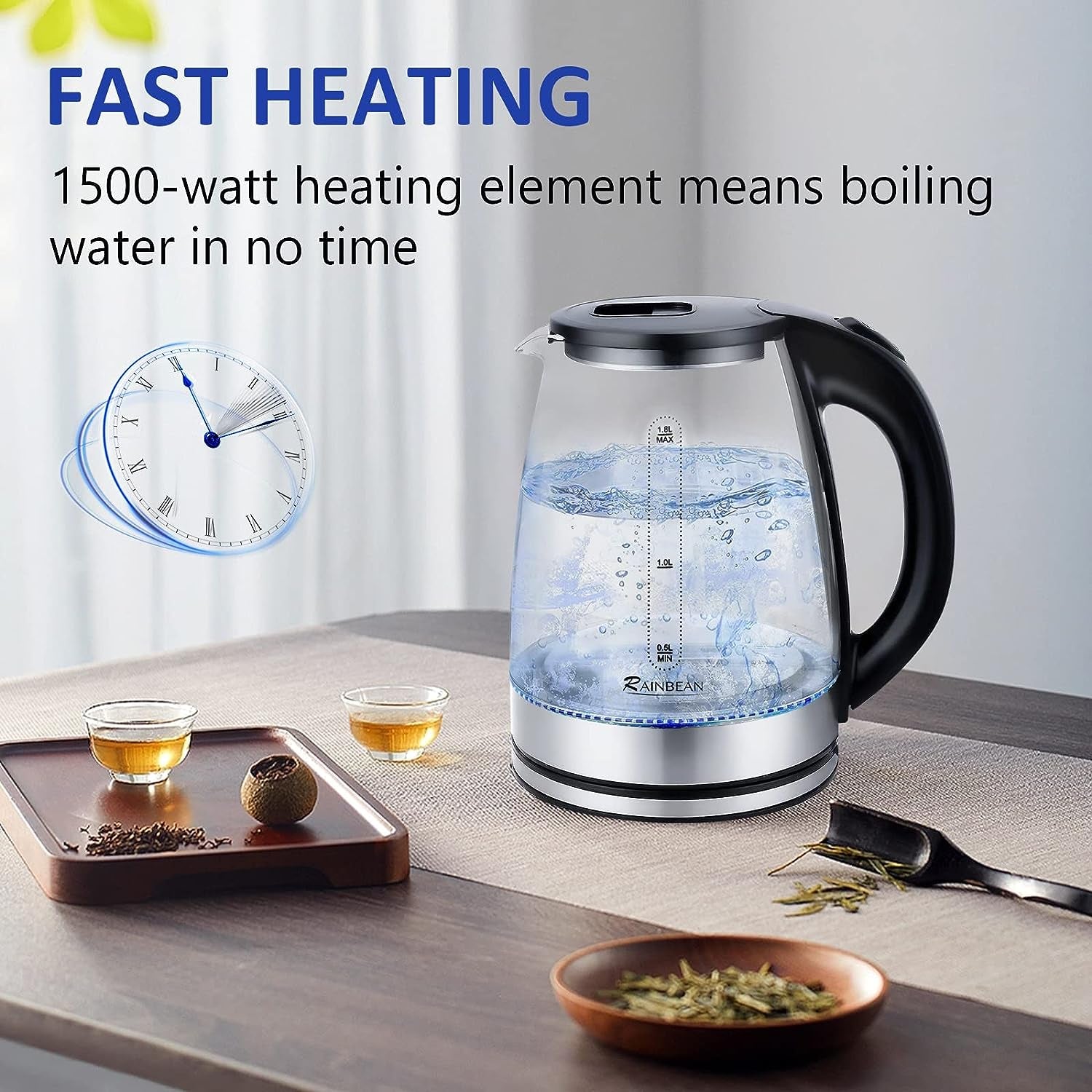 Glass Black Electric Kettle Water Boiler: 1.8L Tea Kettle with LED Light