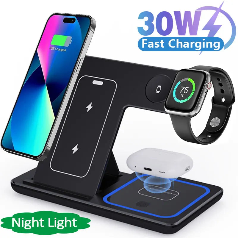 ```3-in-1 Foldable Fast Wireless Charger Stand for iPhone, Apple Watch, and AirPods Pro```