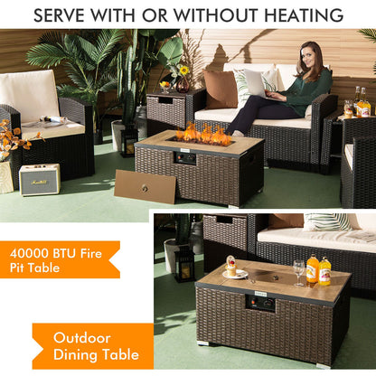 "40,000 BTU Propane Fire Pit Table Set with Rattan Finish and Side Table"