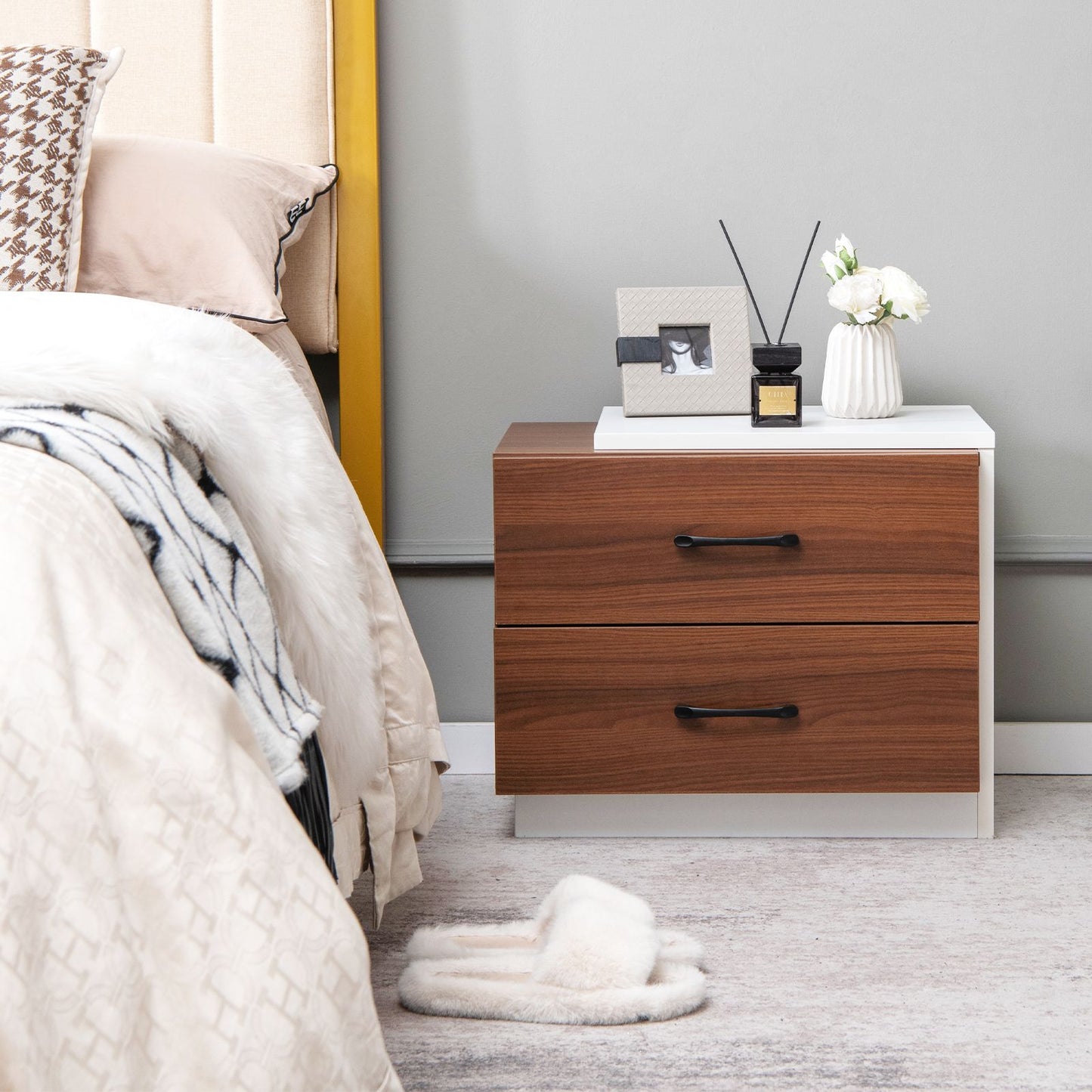 "Rustic Wooden Bedside Table with 2 Drawers - Perfect for Living Room or Bedroom"