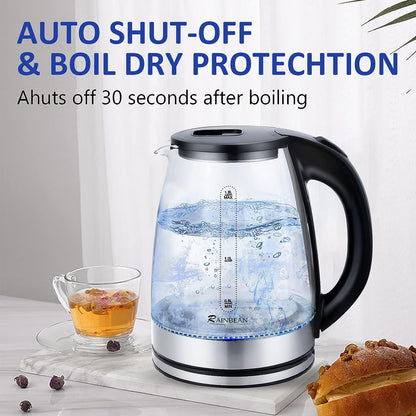 Glass Black Electric Kettle Water Boiler: 1.8L Tea Kettle with LED Light