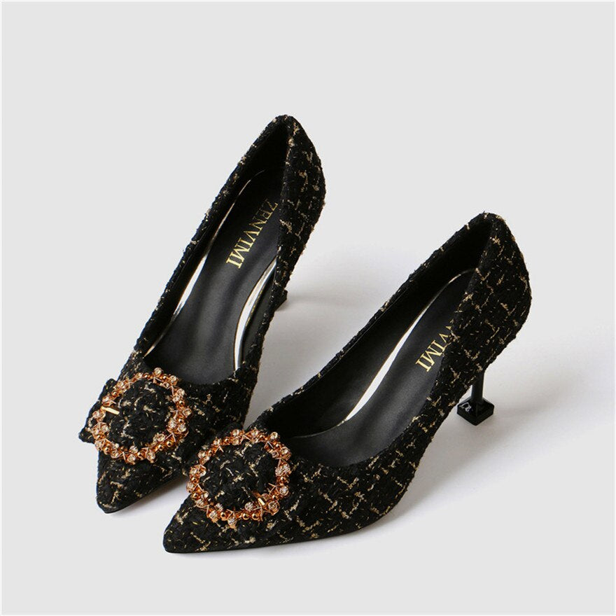 "Crystal Buckle Black Tweed Cat Heel Pumps: Stylish Autumn Party Shoes"