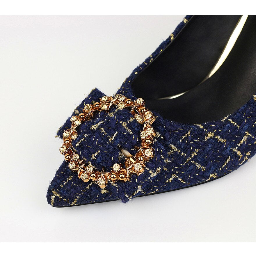 "Crystal Buckle Black Tweed Cat Heel Pumps: Stylish Autumn Party Shoes"