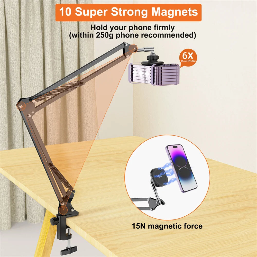 "Magnetic Phone and Tablet Mount - Versatile Metal Arm Stand for Bed or Desk"