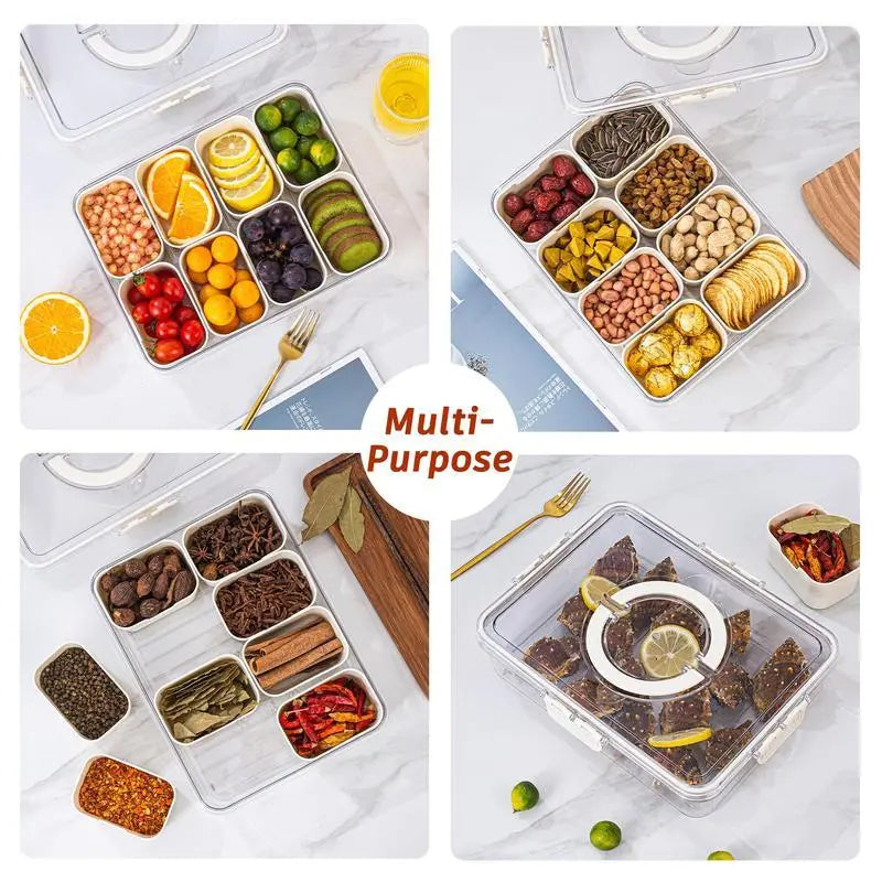 "Clear Divided Serving Tray with Lid and Handle - Multi-Grid Food Storage Box for Snacks and Lunches"