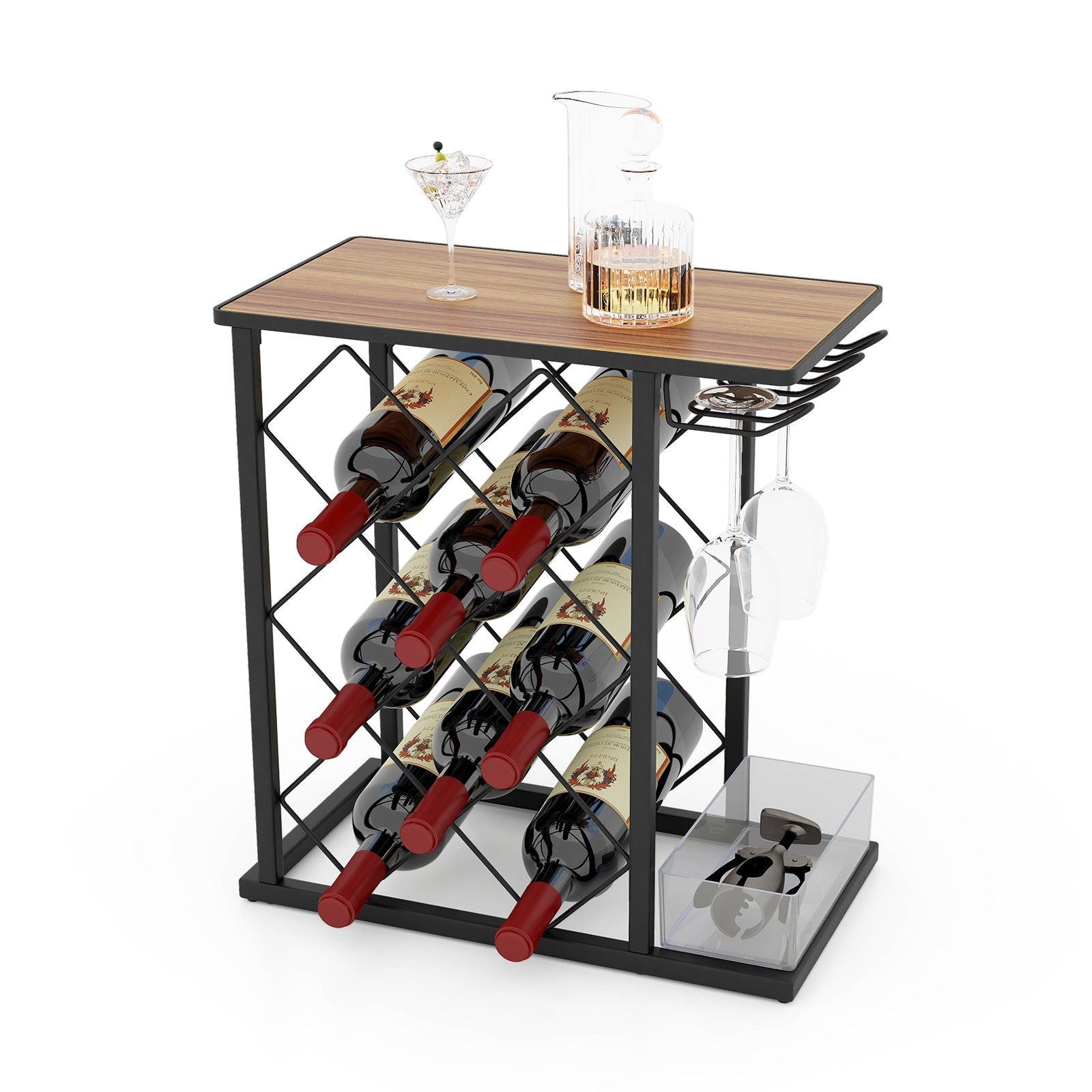 "Metal Frame Countertop Wine Rack - Holds 8 Bottles with Storage Box"