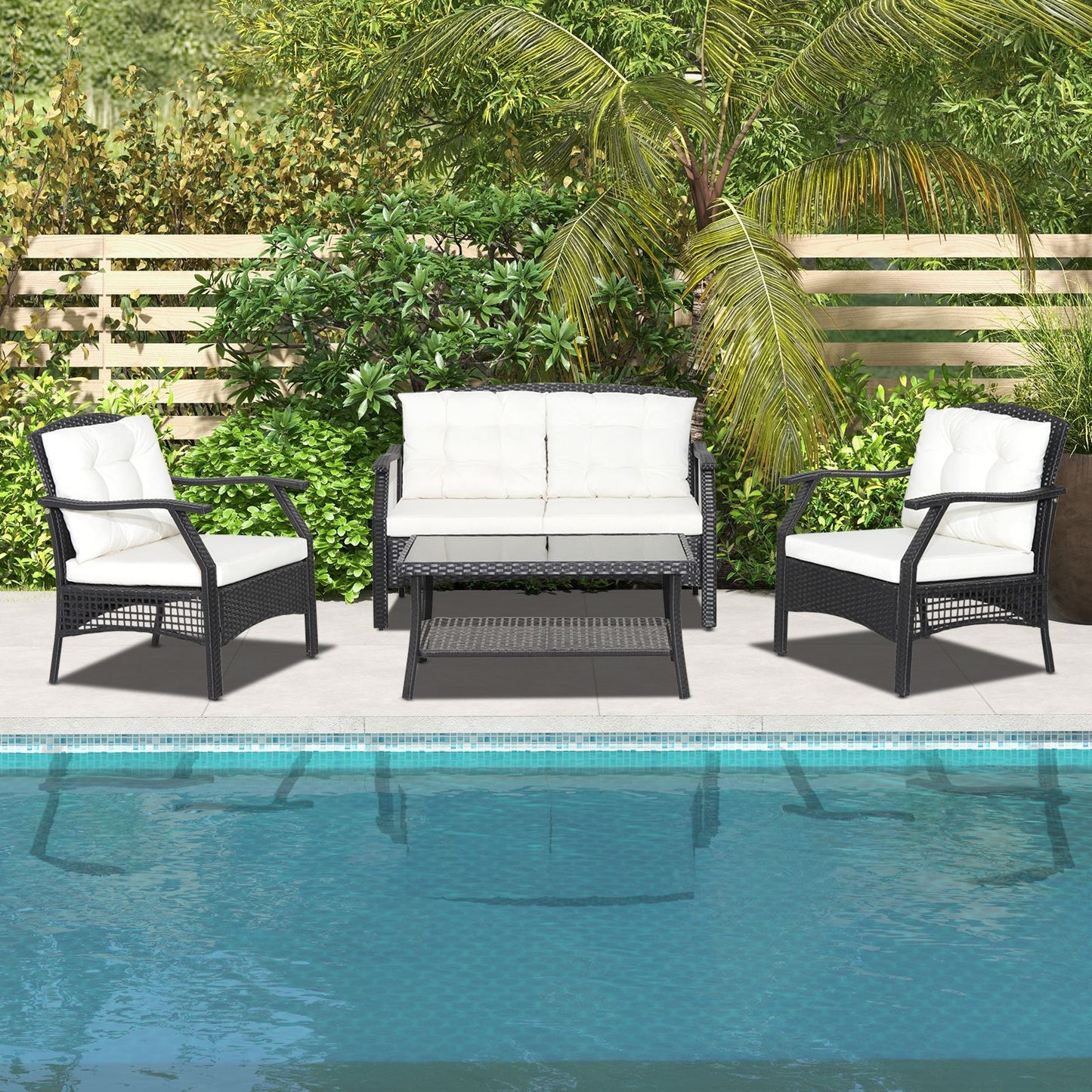 "Outdoor Oasis: 4-Piece Rattan Patio Set with Coffee Table and Cushions"