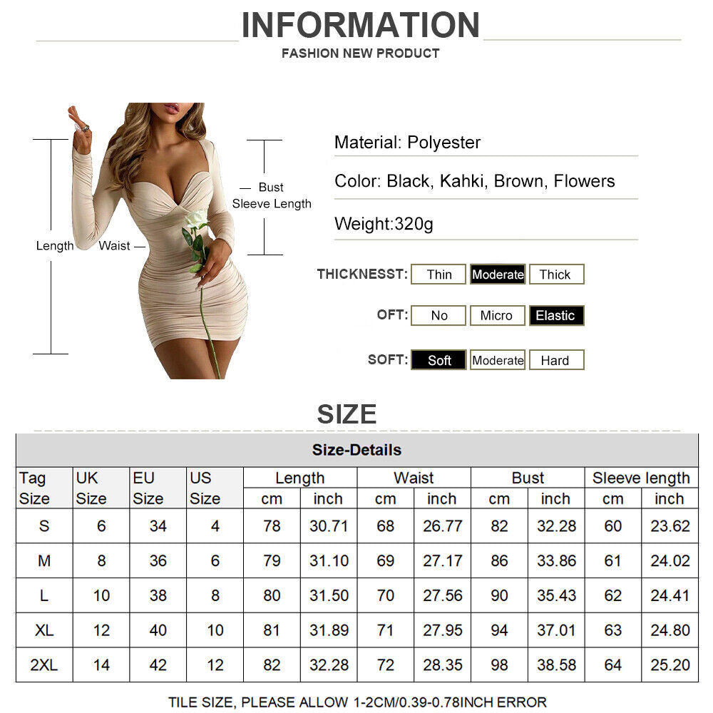 "Sexy Long Sleeve Bodycon Mini Dress for Evening Party - Size 14"