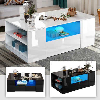 "Modern LED Coffee Table with Storage Drawers - High Gloss Finish"