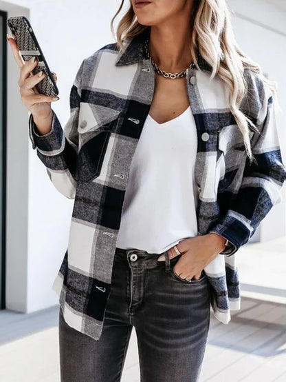 "Plaid Button-Up Collared Shirt for Women - Stylish Loose Fit for Autumn and Spring"