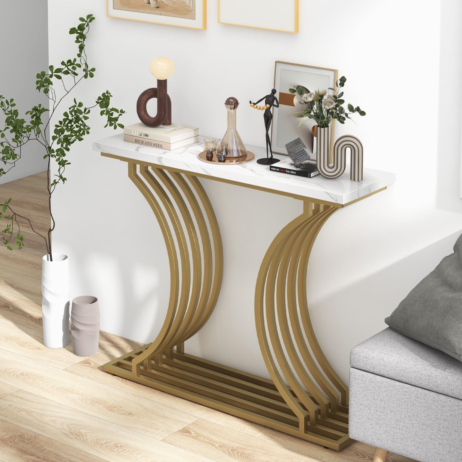 "Gold and White Marble Entryway Table"