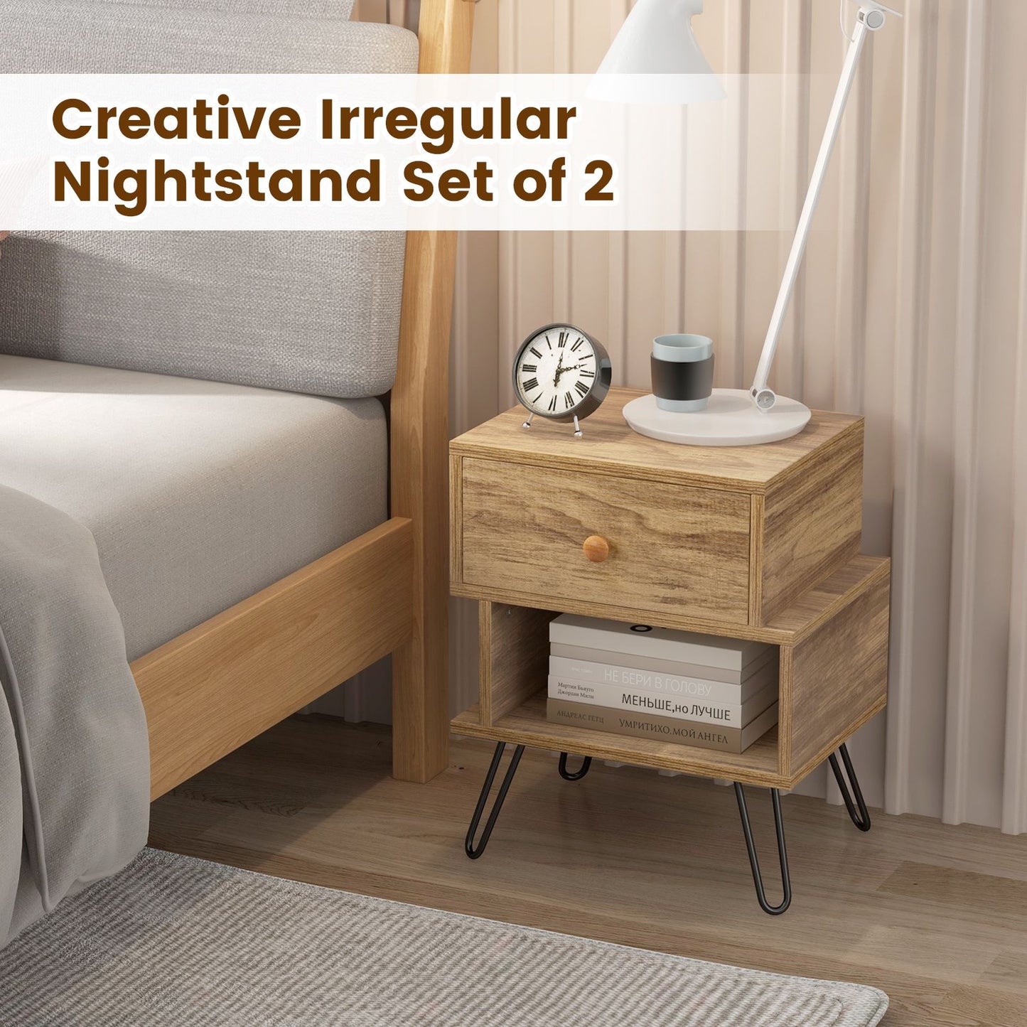 "Rustic Wooden Nightstands Set with Stylish Metal Feet - Set of 2"