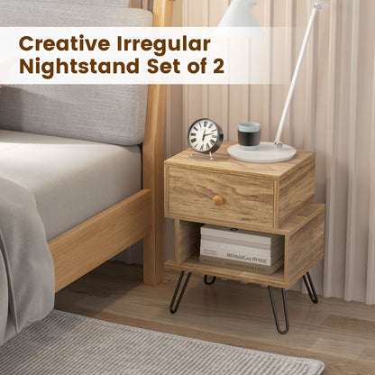 "Rustic Wooden Nightstands Set with Stylish Metal Feet - Set of 2"