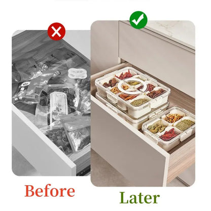 "Clear Divided Serving Tray with Lid and Handle - Multi-Grid Food Storage Box for Snacks and Lunches"