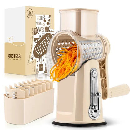 Sleek Beige Rotary Cheese Grater Set - 5 Blades, Suction Base, Mandolin Slicer - Kitchen Essential with Blade Storage Box