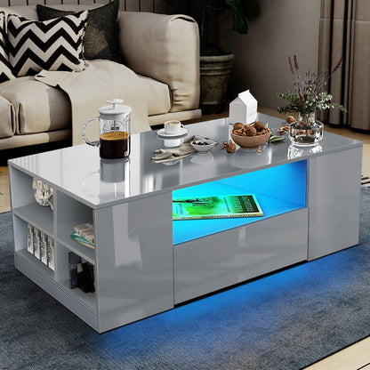 "Modern LED Coffee Table with Storage Drawers - High Gloss Finish"