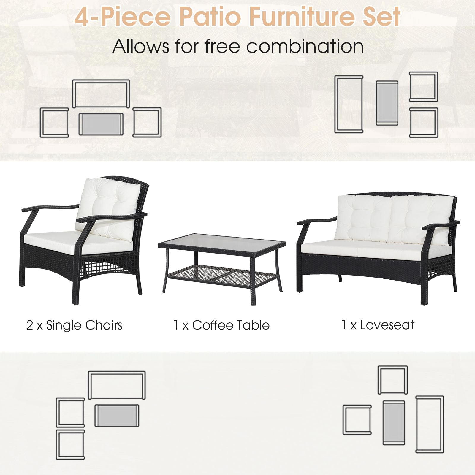 "Outdoor Oasis: 4-Piece Rattan Patio Set with Coffee Table and Cushions"