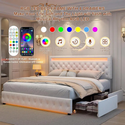 Luxurious King Bed Frame with Smart LED Lights and 4 Storage Drawers