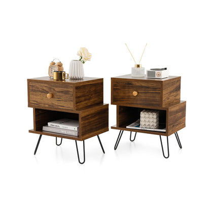 "Rustic Wooden Nightstands Set with Stylish Metal Feet - Set of 2"