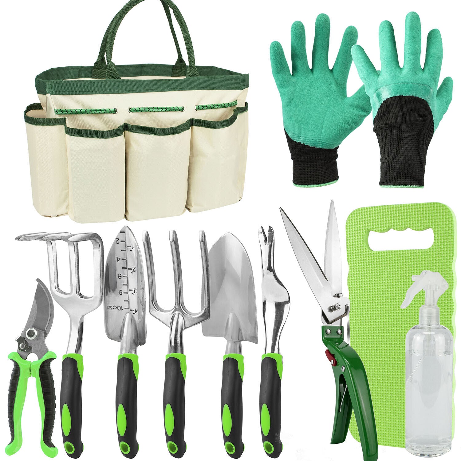 "Complete Garden Tool Set with Bag - Includes Trowel, Secateurs, Fork, and Knee Pad"