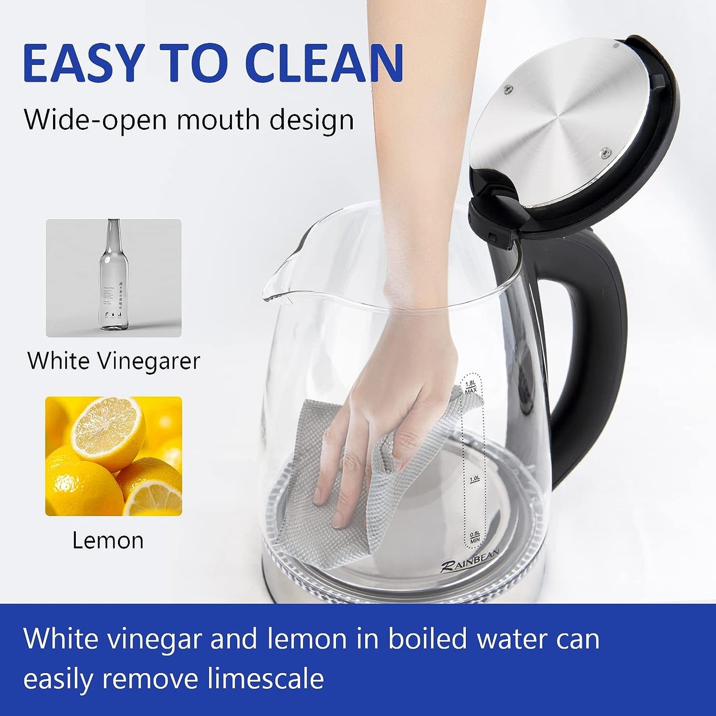 Glass Black Electric Kettle Water Boiler: 1.8L Tea Kettle with LED Light