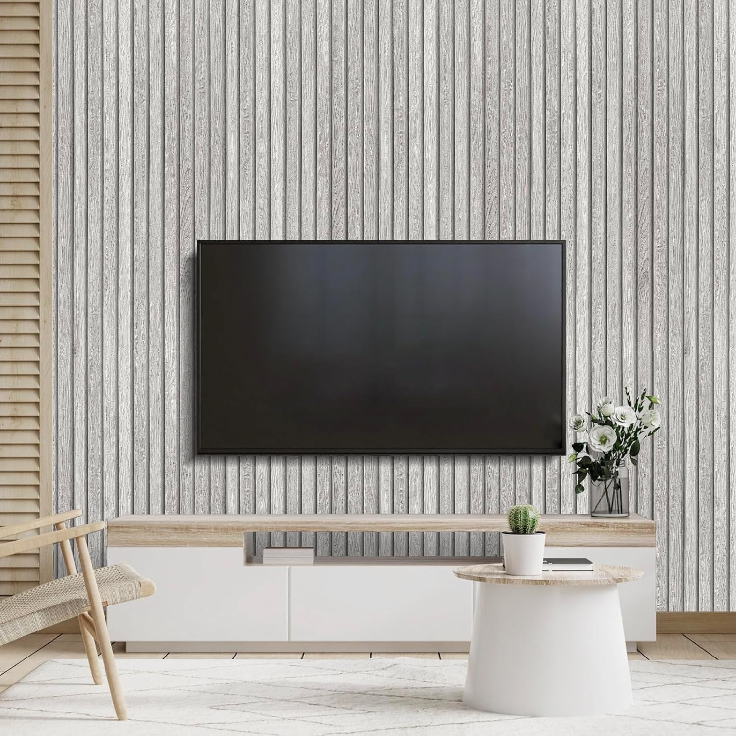 Light Grey 3D Wood Panel Wallpaper - Self Adhesive Vinyl Wrap, Waterproof Peel and Stick Wall Covering for Living Room - 40cmx3m