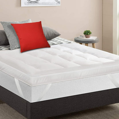 Mattress Topper Double Bed 4 Inch Thick, Quilted Extra Deep Super Fluffy & Breathable Microfiber Bed Mattress Topper with Elasticized Straps