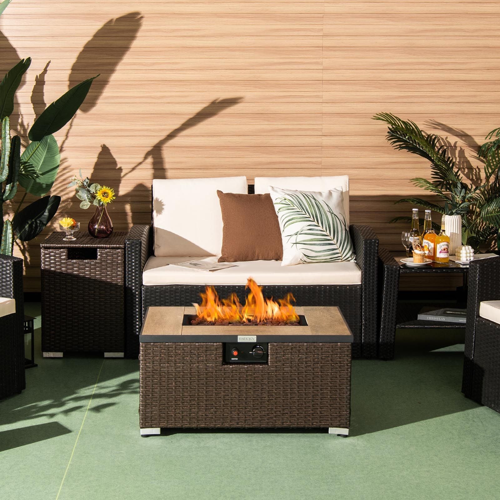 "40,000 BTU Propane Fire Pit Table Set with Rattan Finish and Side Table"