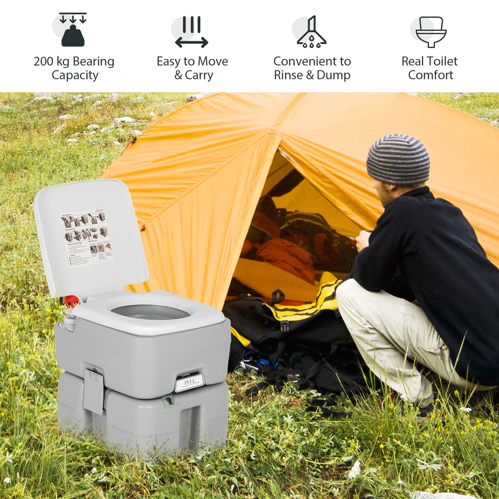 "Portable Flushable Camping Toilet with 20L Waste Tank"