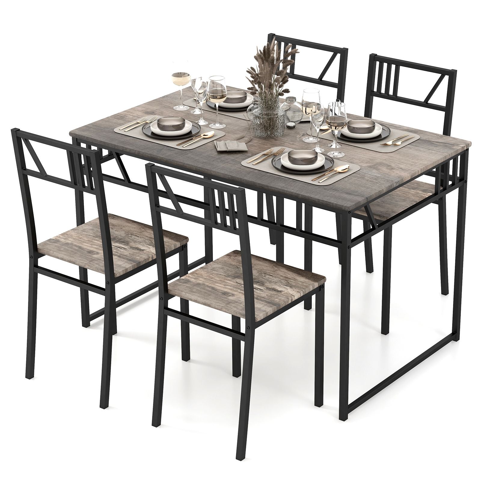 "Rustic Industrial Dining Set: Wood-Style Tabletop with Metal Frame and 4 Chairs"