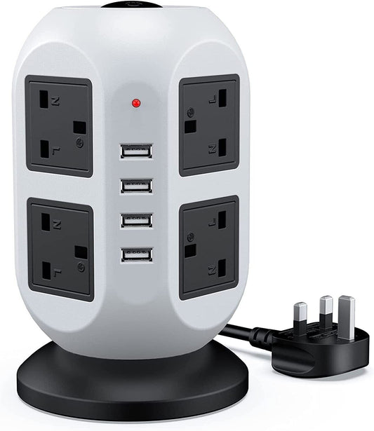 Power Tower Surge Protector with 8 Outlets, 4 USB Ports, Indicator Lights, and 5M Extension Cord