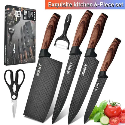 "Premium 6-Piece Black Kitchen Knife Set with Sharp Stainless Steel Blades and Ergonomic Wood Handles"