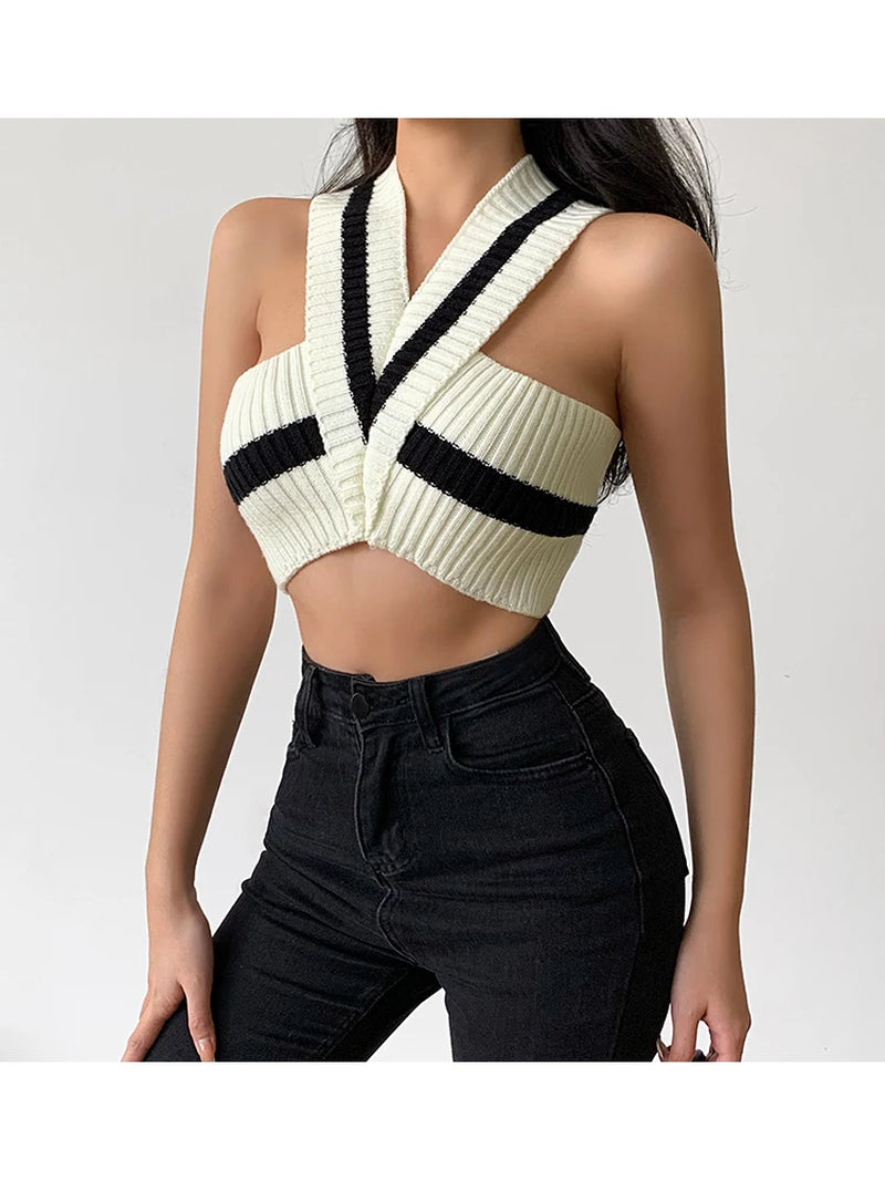 "Chic Summer 2024 Women's Off-Shoulder Tank Top - Knitted V-Neck Beach Crop Top"