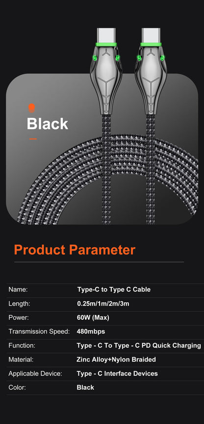 Fast Charge Type C to Type C Cable with 60W Power Delivery, Durable Braided Design, Long Length, and LED Indicator for Samsung Devices