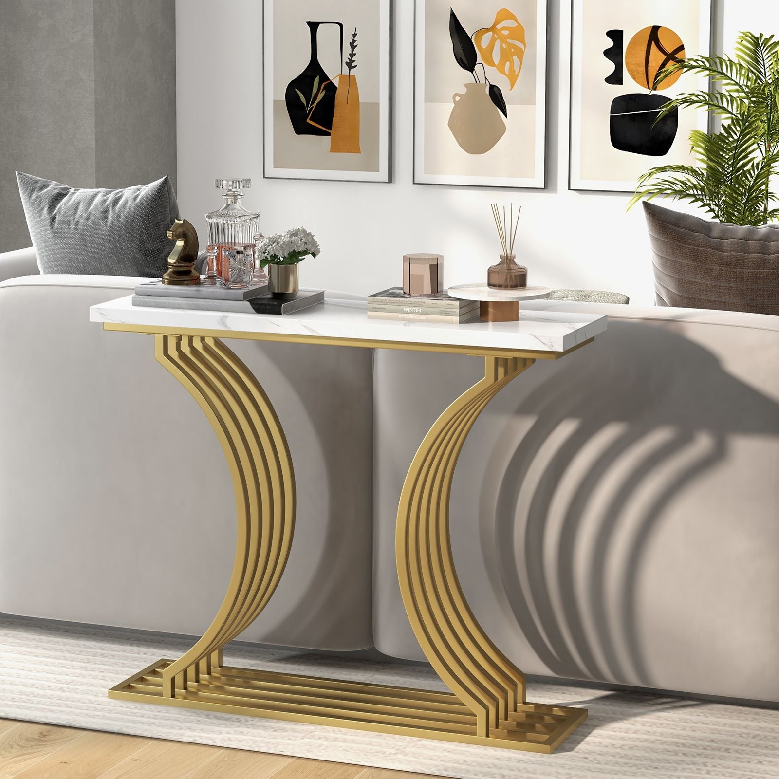 "Gold and White Marble Entryway Table"