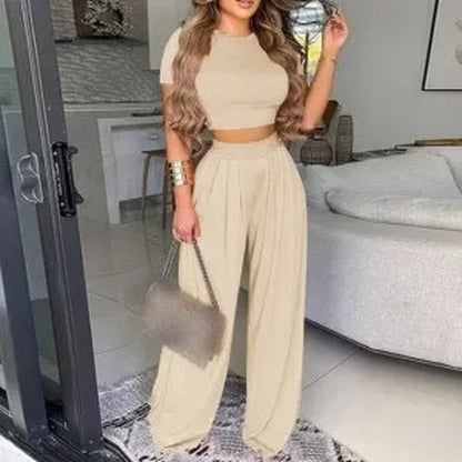 "Elegant Print Two-Piece Short Sleeve Shirt and Wide Leg Pants Set"