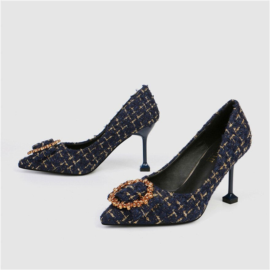 "Crystal Buckle Black Tweed Cat Heel Pumps: Stylish Autumn Party Shoes"