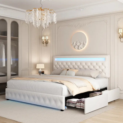 Luxurious King Bed Frame with Smart LED Lights and 4 Storage Drawers