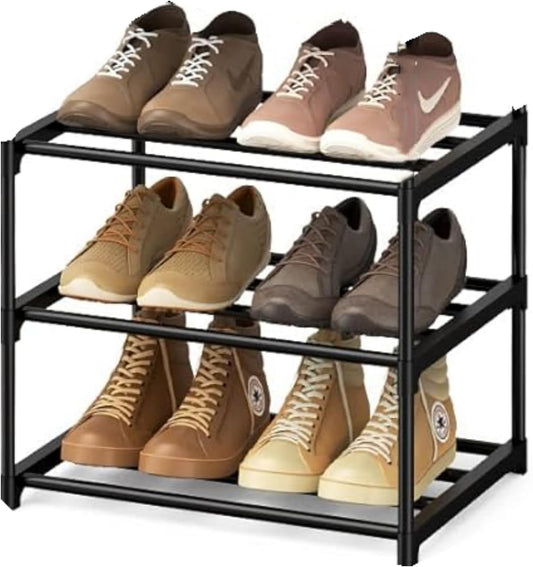 "3 Tier Stackable Shoe Rack - Space Saving Shoe Organizer with Easy Assembly, Strong Metal Design - Ideal for Hallway, Living Room, Bedroom"